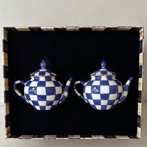 MacKenzie-Childs Royal Blue and White Checkered Teapot Salt and Pepper Shakers
